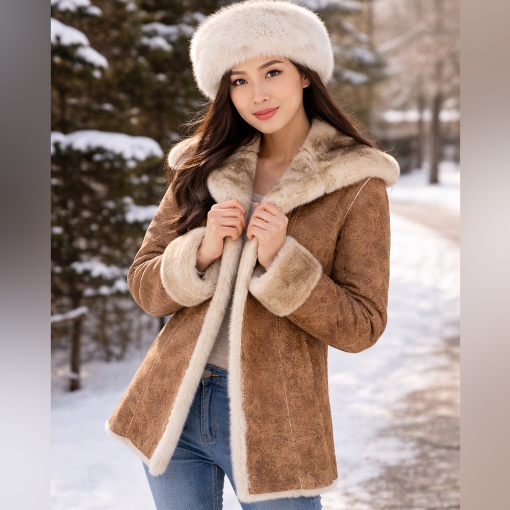 Dennis Basso Faux Suede and Lush Fur Hooded Jacket Size M